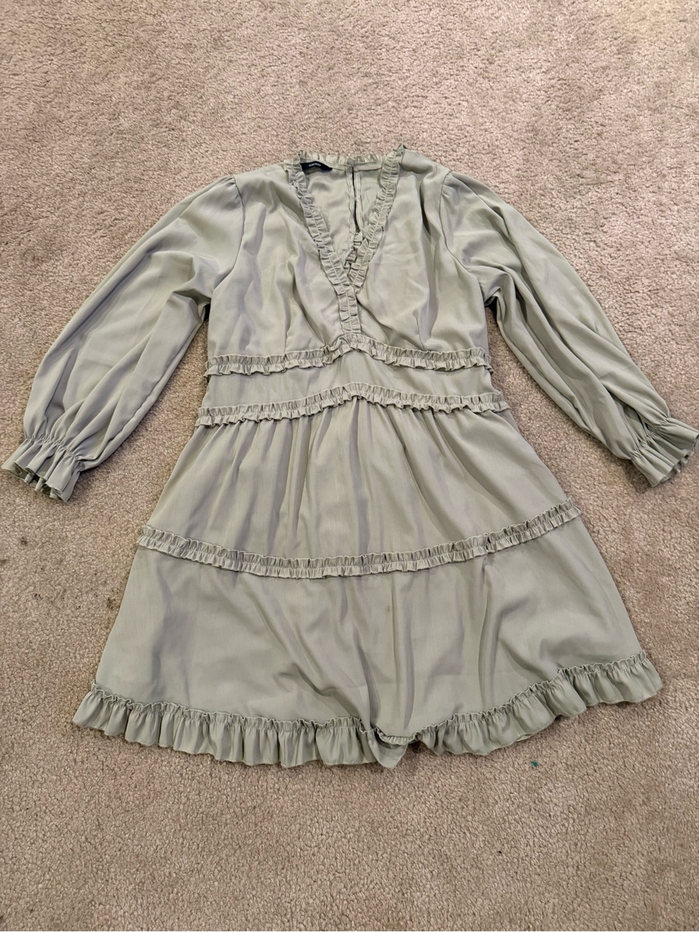 Women's Sage Green Ruffle Mini Dress - Long Sleeve